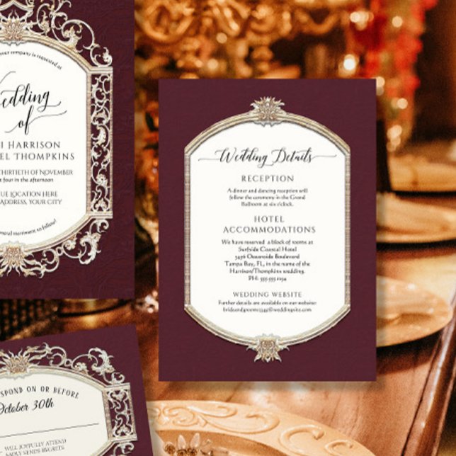 Elegante Vintage Burgundy Gold Wedding Details Einladung (Von Creator hochgeladen)