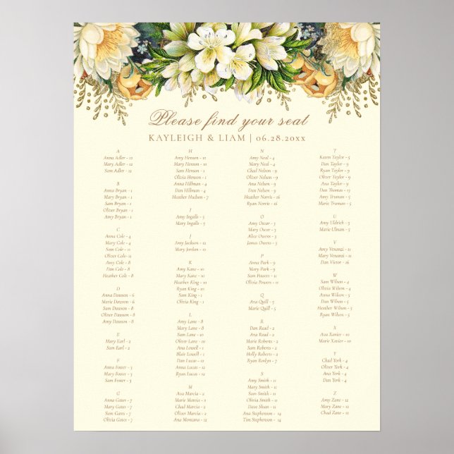 Elegante Vintage Creme Floral Wedding Chart Poster (Vorne)