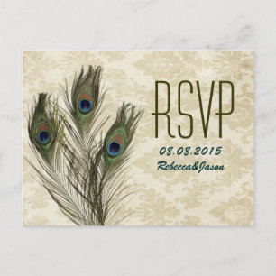 elegante Vintage-Damask-Pfau-Hochzeit RSVP Einladungspostkarte