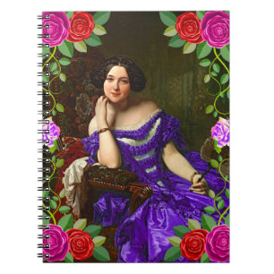 Elegante Vintage-Dame Blaue Violette Blumenkleid Notizblock