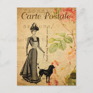 Elegante Vintage-Dame führt ihren Pudel French Postkarte
