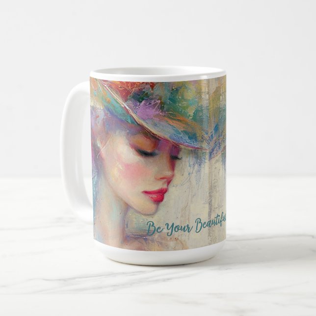 Elegante Vintage-Dame mit Modehut Kaffeetasse (Vorderseite Links)