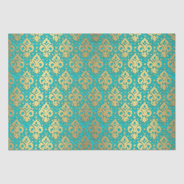 Elegante Vintage Decoupage Gold Aquamarin Damask Seidenpapier (Vorderseite)
