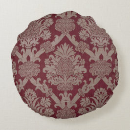Elegante Vintage Dunkelrot-Beige Damaskaive Rundes Kissen