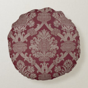 Elegante Vintage Dunkelrot-Beige Damaskaive Rundes Kissen
