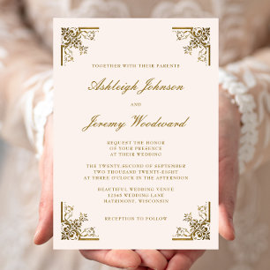 Elegante Vintage-Ecken Goldschrift Blush-Hochzeit Einladung