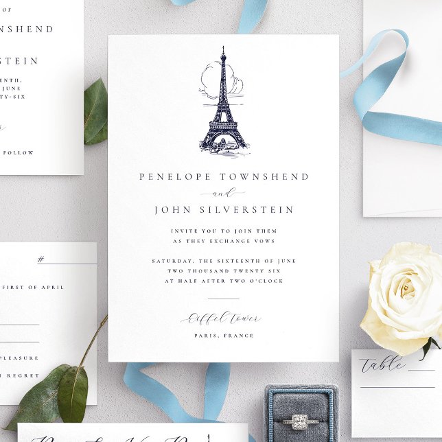 Elegante Vintage Eiffelturm-Hochzeit Einladung (Elegant white wedding invitation with an illustration of the Eiffel Tower)
