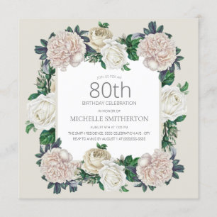 Elegante Vintage Elfenbein Creme Blumen 80. Geburt Einladung