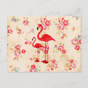 Elegante Vintage-Flamingos rote Rosen floral Postkarte