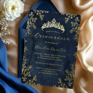 Elegante Vintage Floral Navy Gold Quinceanera Folieneinladung