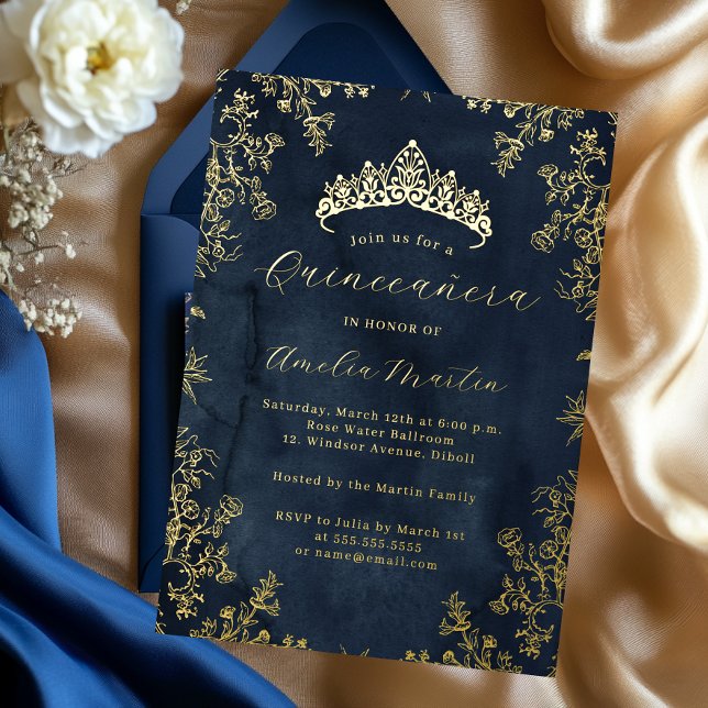 Elegante Vintage Floral Navy Gold Quinceanera Folieneinladung (Von Creator hochgeladen)