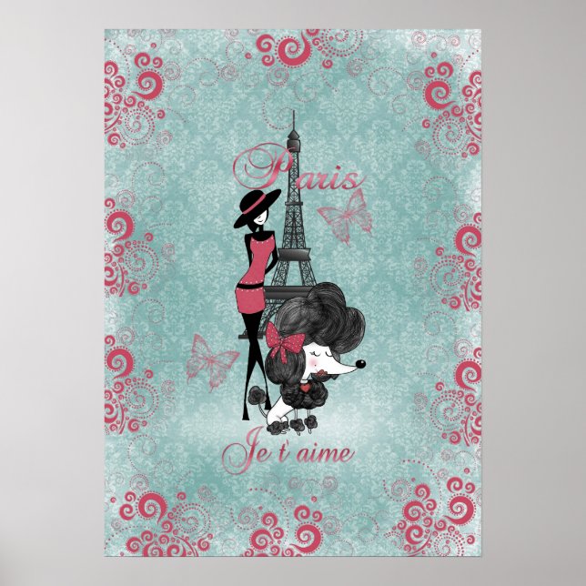 Elegante Vintage französische Poodle Girls Silhoue Poster (Vorne)