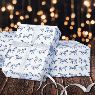 Elegante Vintage galoppierende Pferde Blau-Weiß-To Geschenkpapier