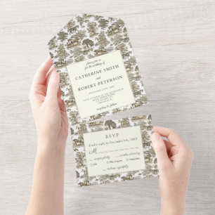 Elegante vintage gold-beige Pferde-Toile-de-Jouy All In One Einladung