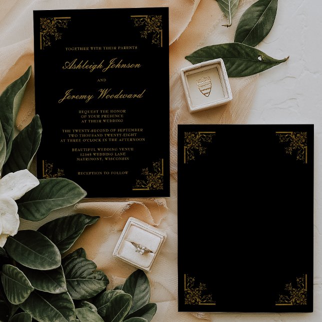 Elegante Vintage Gold Corners Script Black Wedding Einladung (Von Creator hochgeladen)