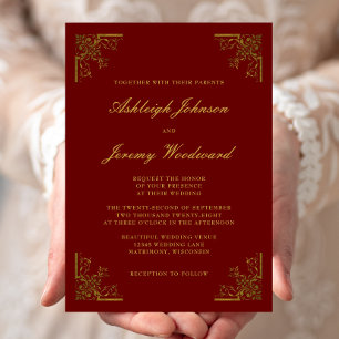 Elegante Vintage-Gold-Ecken Burgunder Hochzeit Einladung