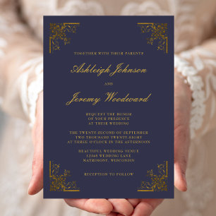 Elegante Vintage-Gold-Ecken Navy-Blau-Hochzeit Einladung