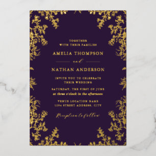 Elegante Vintage Gold-Purple Hochzeit Folieneinladung
