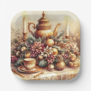 Elegante Vintage Gold Teekanne Weihnachtspapiertel Pappteller
