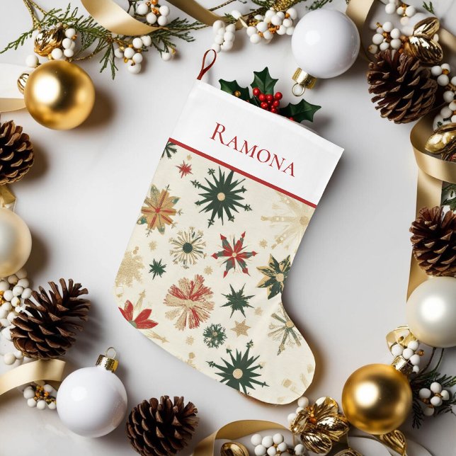 Elegante Vintage Goldmedaille Großer Weihnachtsstrumpf (Elegant Vintage Gold Snowflakes Large Christmas Stocking)