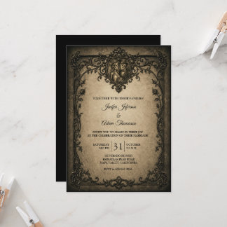 Elegante Vintage-Gotik-Hochzeit zu Halloween Einladung