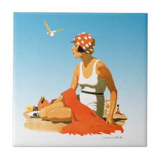 Elegante Vintage-Grafik einer Frau am Strand Fliese