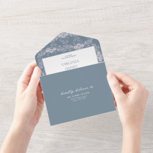 Elegante Vintage Grau-Blau Hochzeits-Einladung mit All In One Einladung