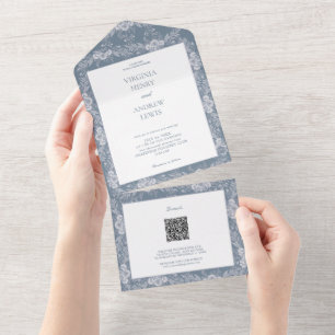 Elegante Vintage Grau-Blau klassische Hochzeits Ei All In One Einladung