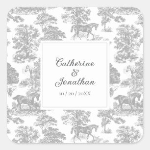 Elegante Vintage Grau Weiß Pferd Toile Hochzeit Quadratischer Aufkleber