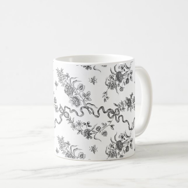 Elegante Vintage Gravierschwarze Rose und Ribbons Kaffeetasse (VorderseiteRechts)