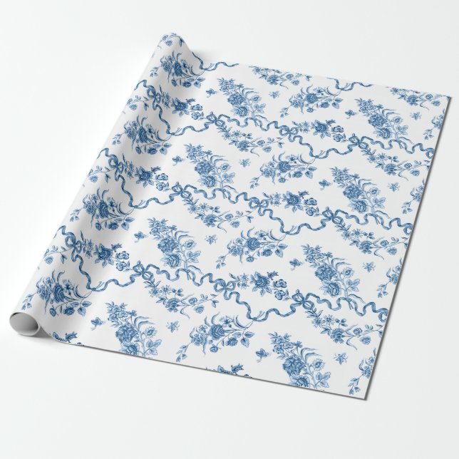 Elegante Vintage, gravierte blaue Rose und Ribbons Geschenkpapier (Ungerollt)