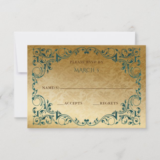 Elegante Vintage Green Gold RSVP Karte (Vorderseite)