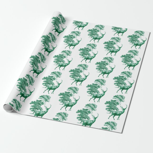 Elegante Vintage grüne Hirschlandschaft Geschenkpapier (Ungerollt)