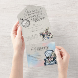 Elegante Vintage-Hochzeit Alice im Wunderland All In One Einladung