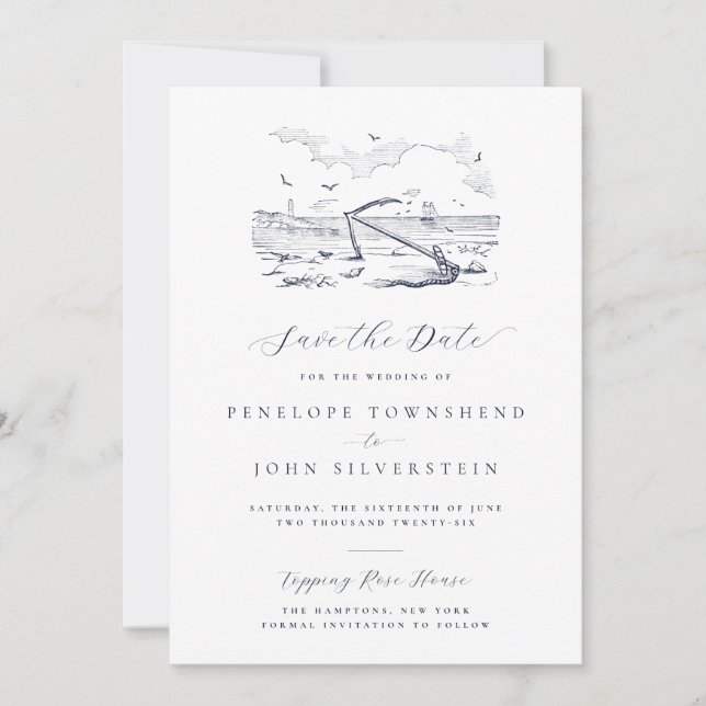 Elegante Vintage Hochzeit am Strand Save The Date (Vorderseite)