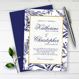 Elegante Vintage Hochzeit des Blauen Goldes Botani Einladung