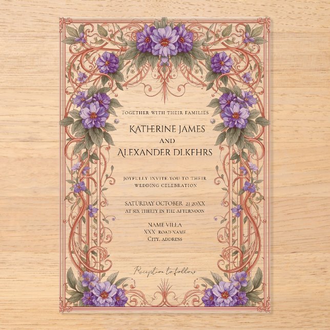 Elegante Vintage Hochzeit im Jugendstil Acryleinladungen (Vorderseite)