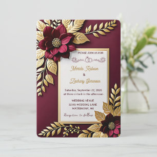 Elegante Vintage Hochzeit in Burgund und Gold Flor Einladung