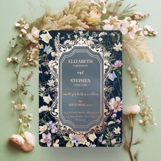 Elegante Vintage-Hochzeit mit staubblauen Blumen Folieneinladung