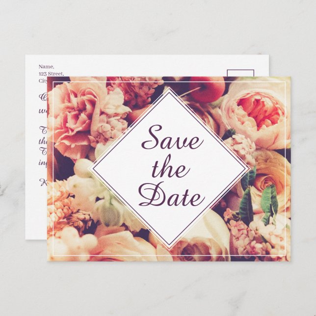 Elegante Vintage Hochzeitserklärung, Blume Motif Feiertagspostkarte (Vorne/Hinten)