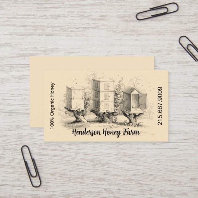 Elegante Vintage Honey Bee Hives Business Card Visitenkarte (Vorderseite/Rückseite Beispiel)