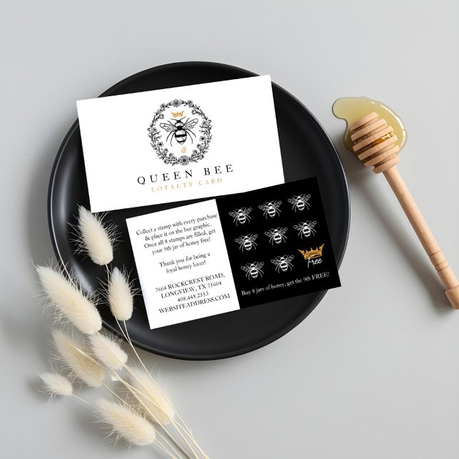 Elegante Vintage Honey Queen Bee Black & White Treuekarte (Elegant Vintage Honey Queen Bee Black & White Loyalty Card)