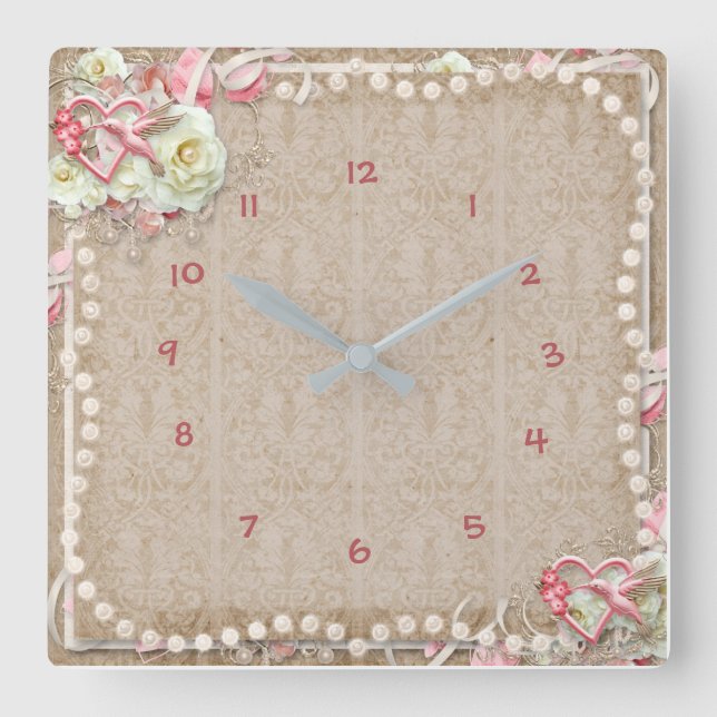 Elegante Vintage Hummingbird White Rose Perlen Quadratische Wanduhr (Vorderseite)