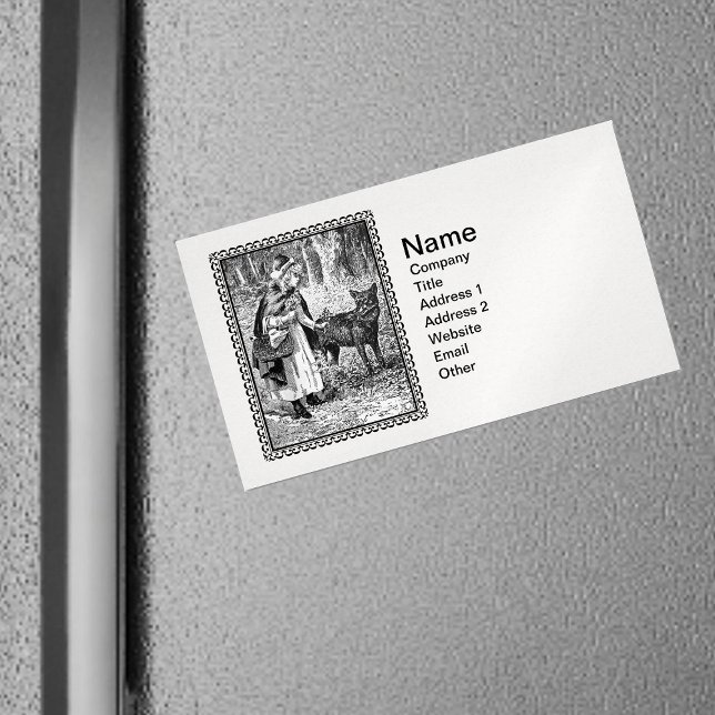 Elegante Vintage Illustration mit Wolf Magnetische Visitenkarte (black white framed image Red Riding hood in woods with wolf on white magnetic business cards.)