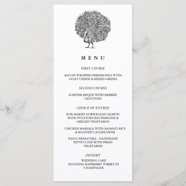 Elegante Vintage Illustration Pfauenhochzeit Menükarte (Vorderseite)