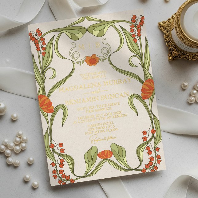 Elegante Vintage Jugendstil-Blumengestelle Hochzei Folieneinladung (Von Creator hochgeladen)