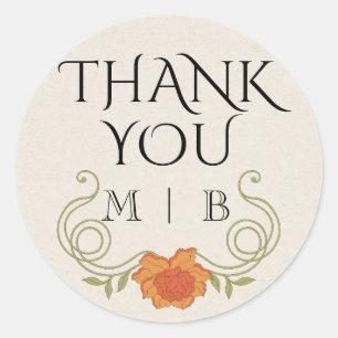 Elegante Vintage Jugendstil Orange Blume Initialen Runder Aufkleber