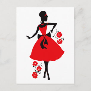 Elegante vintage junge Frau rote schwarze Silhouet Postkarte