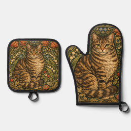 Elegante Vintage-Katze, florales Botanisches Ofenhandschuh & Topflappen-Set