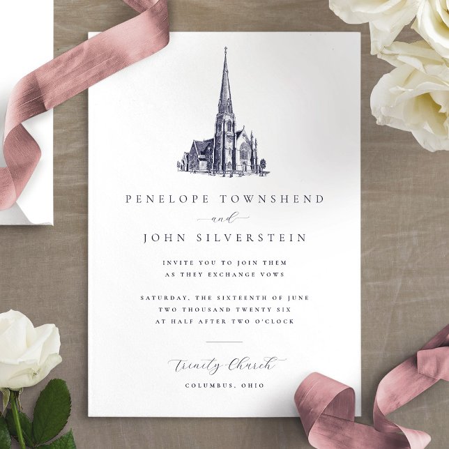 Elegante Vintage Kirche Einladung (Elegant Vintage Church Illustration Wedding Invitation)